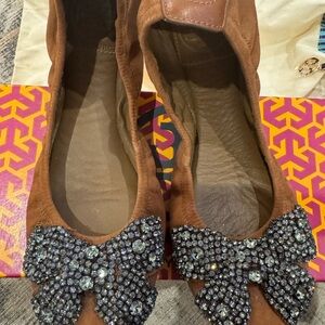 Tory Burch Embellished Brown Suede Ballet Flats